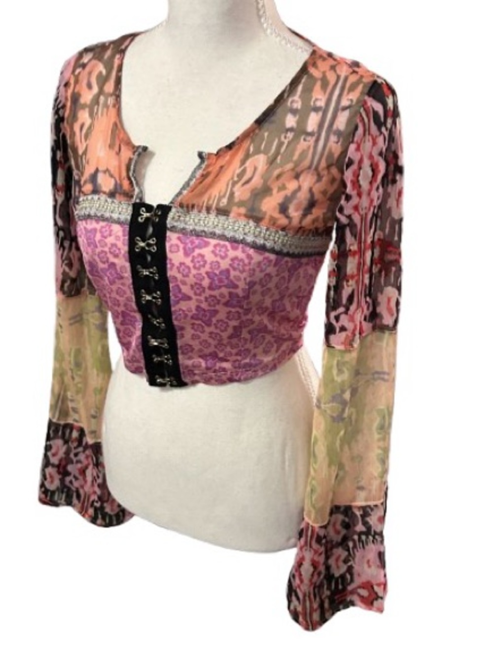 Mesh Crop Top FREE PEOPLE Extra Small Floral Boho Bohemian Peasant Corset Sheer